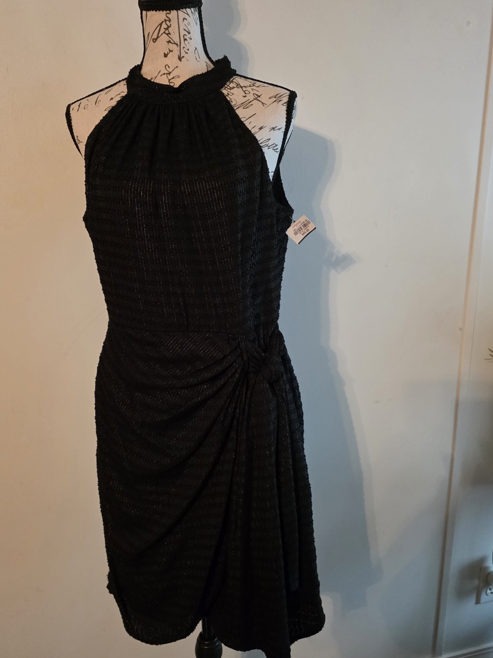 Smocked Halter Ruched Side-Knot Midi Dress - Black Glittery Size 10